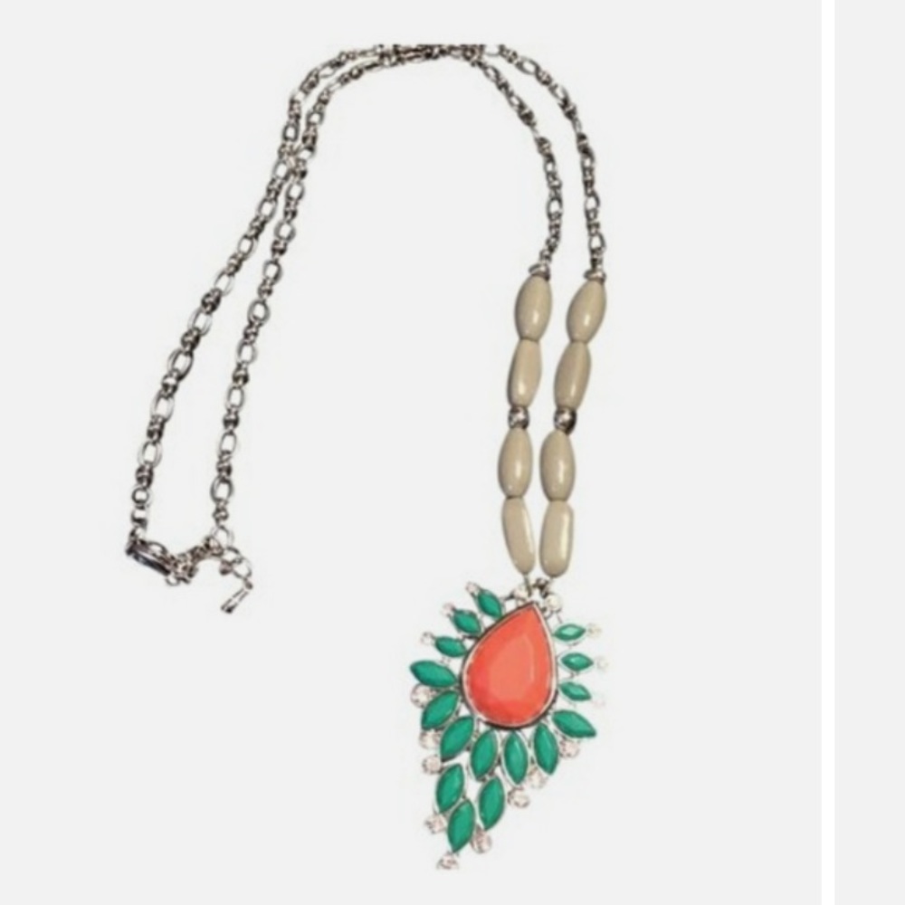LIA SOPHIA Grey, Green and Coral Orange KAUAI Silver Tone Necklace